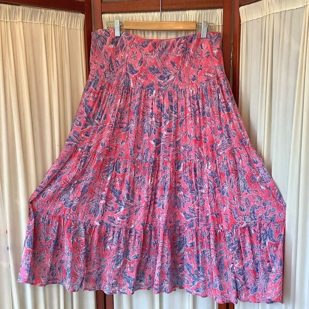 CHAPS Tiered Maxi Skirt Pink and Blue Floral 100% Cotton Large